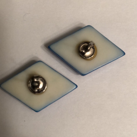 Vintage Royal Blue Glossy Beveled Diamond Shape Stud  Pierced Earrings - #432 - Picture 2 of 7